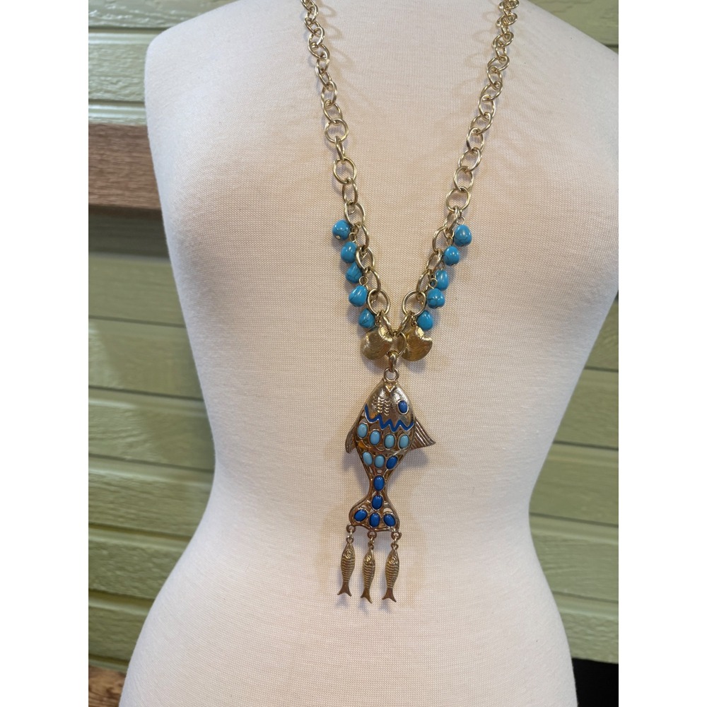 Gold Tone Nautical Fish Statement Necklace Turquoise Blue Beads Shells